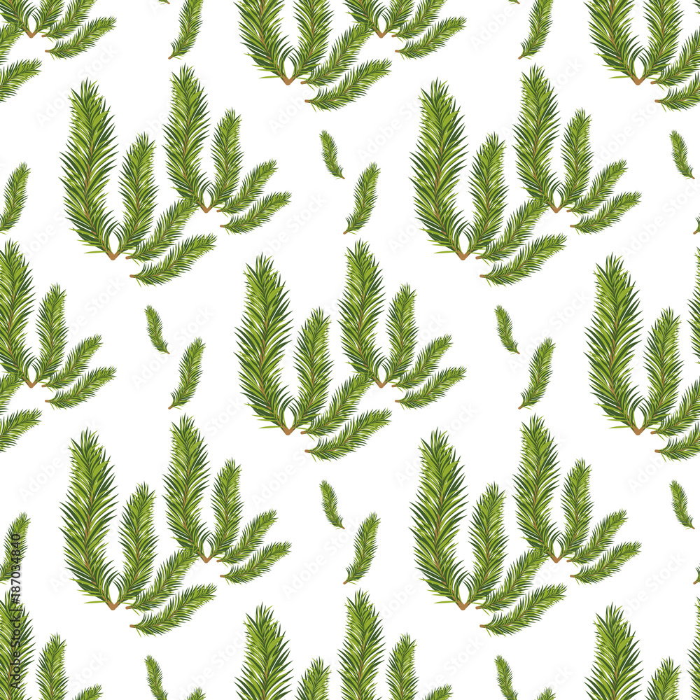 New Year Christmas. Green tree branch close-up on a white background. Seamless pattern. Isolated Illustration New Year Christmas. Green tree branch close-up on a white background. Seamless pattern. Isolated Illustration