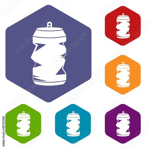 Crumpled aluminum cans icons set