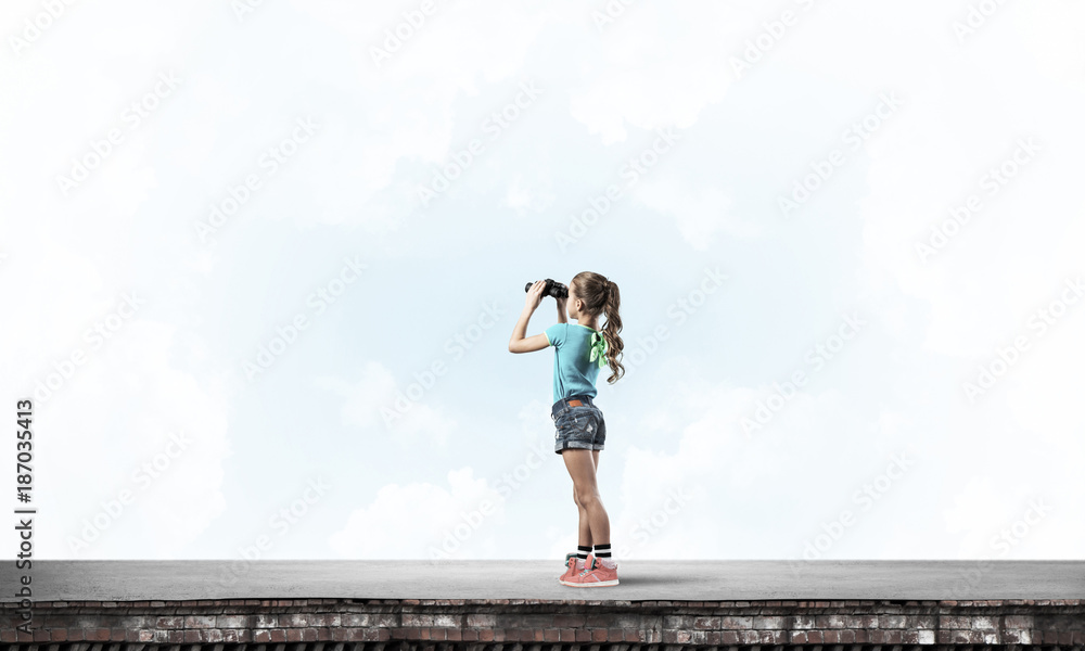Concept of careless happy childhood with girl of school age look Concept of careless happy childhood with girl of school age look