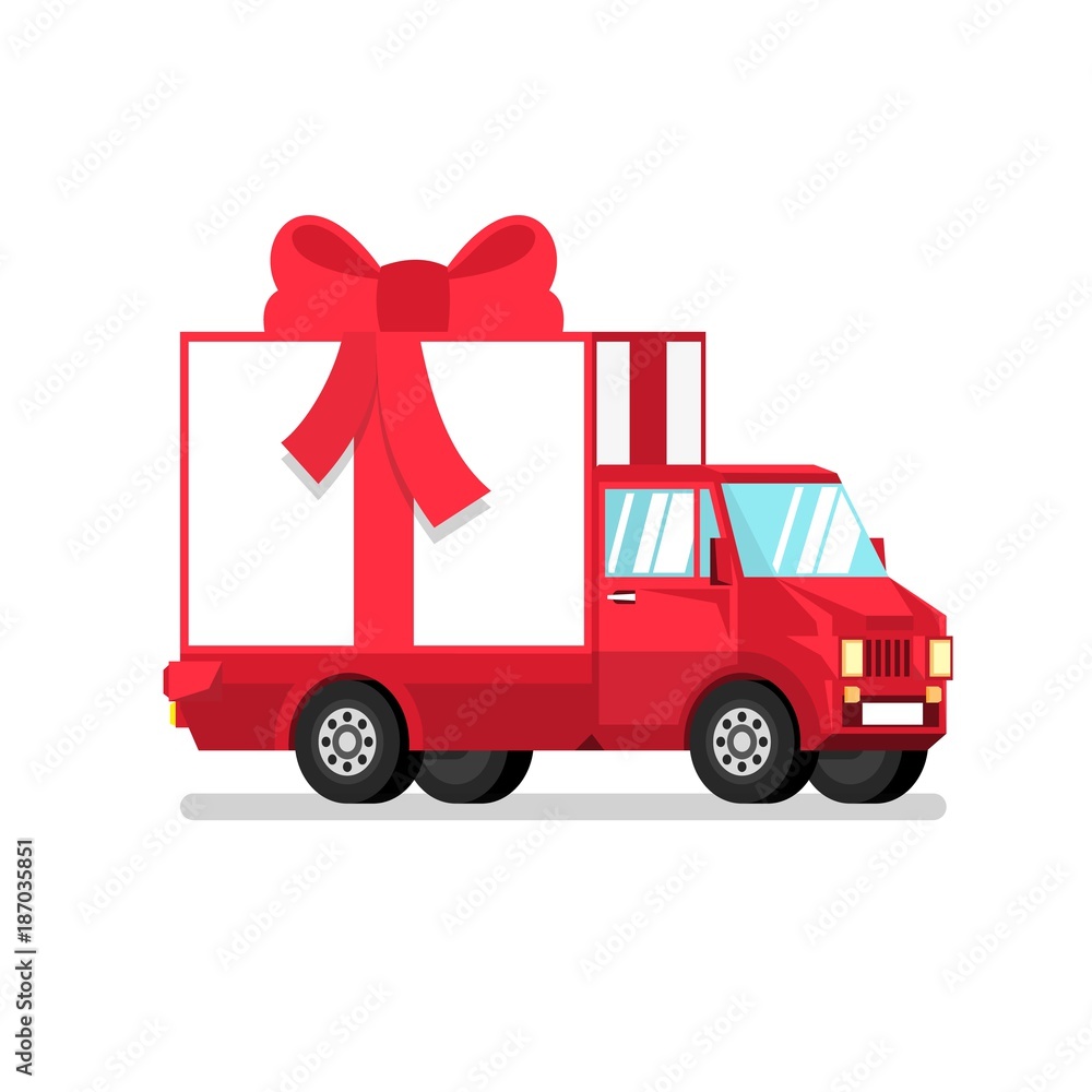 Isolated red truck with gift box in half turn. 3d vector illustration. Isolated red truck with gift box in half turn. 3d vector illustration.