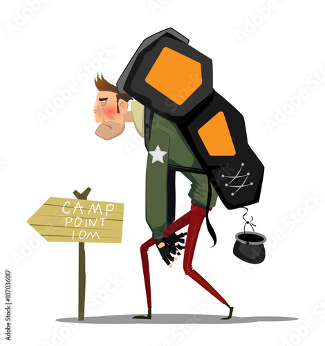 Tired cartoon man with backpack going to camp poin