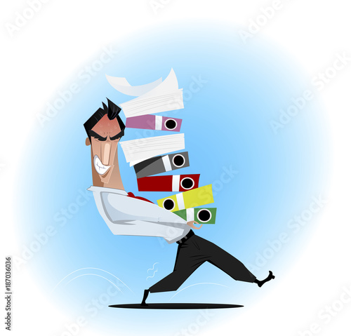 Tired and angry businessman carries a stack of documents.
