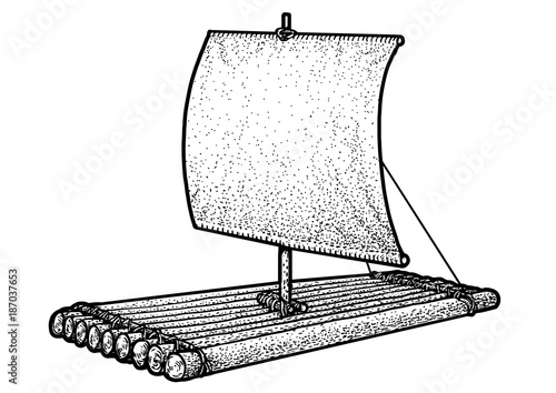 Raft illustration, drawing, engraving, ink, line art, vector