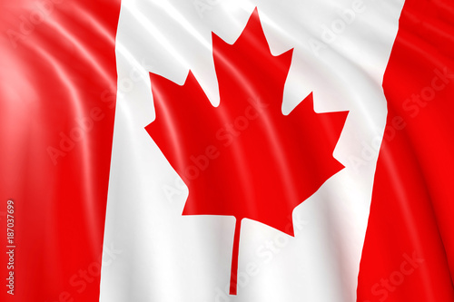 Canadian flag waving on wind, close up. 3D illustration