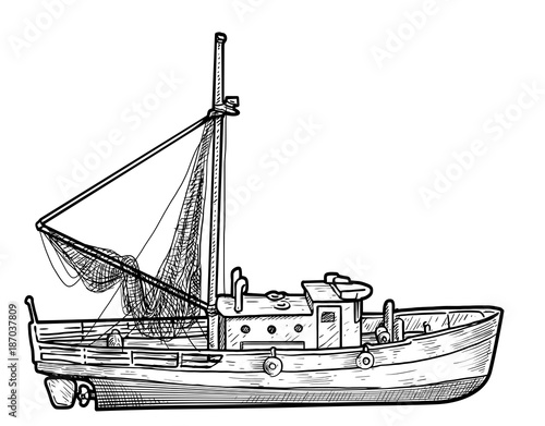 Fishing boat illustration, drawing, engraving, ink, line art, vector