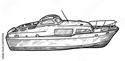 Motor boat illustration, drawing, engraving, ink, line art, vector