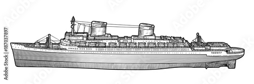 Big ship illustration, drawing, engraving, ink, line art, vector