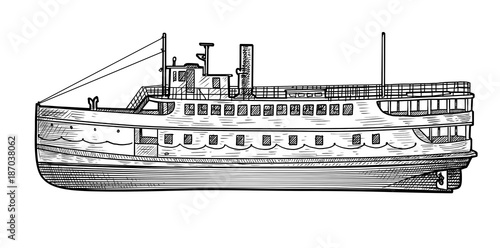 Steamer illustration, drawing, engraving, ink, line art, vector
