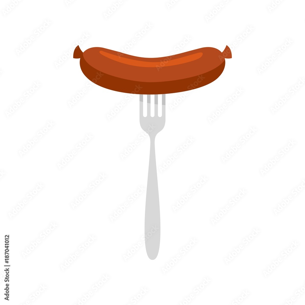 Sausage on fork icon in flat style isolated on white background Sausage on fork icon in flat style isolated on white background