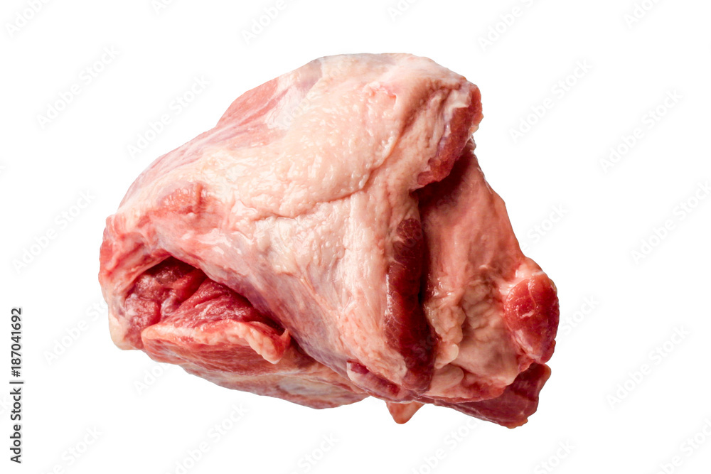 Large chunk of fresh cut meat on white background.