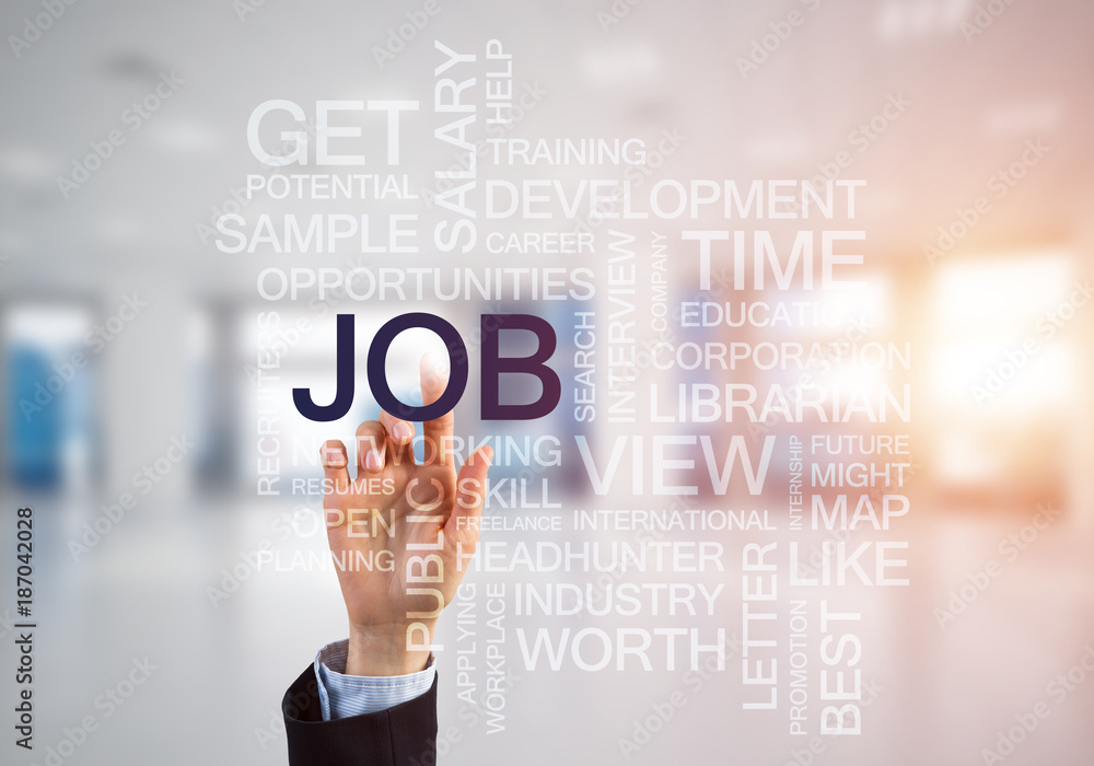 Concept of modern business with palm choocing on of keywords for success Concept of modern business with palm choocing on of keywords for success