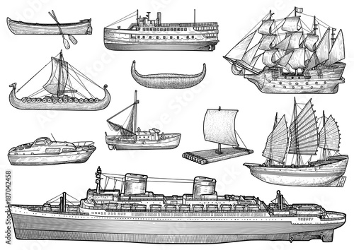 Ship, boat illustration, drawing, engraving, ink, line art, vector