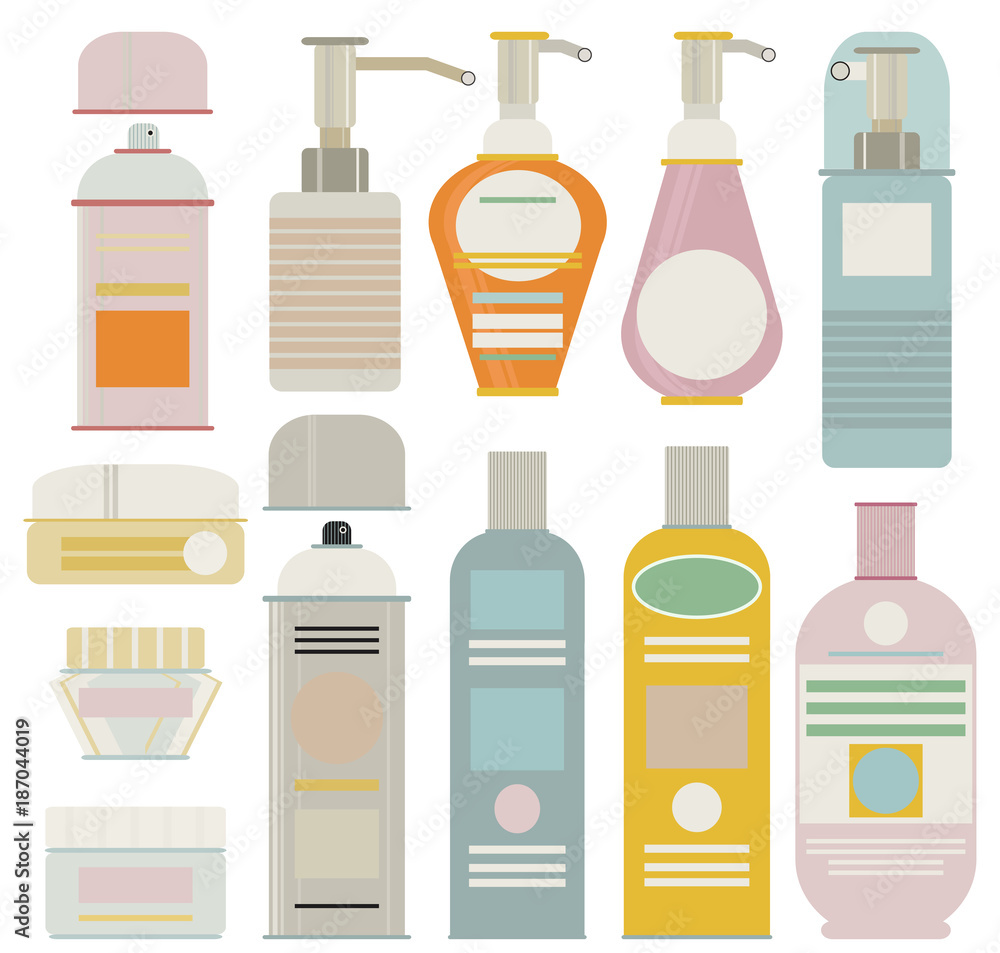 A collection ofcleaning supplies and forms - a bottle, a bottle, a container, a spray, a liquid soap, a shampoo, a hair spray, a deodorant, a shower gel, a hair conditioner, a bath foam, a cream.
