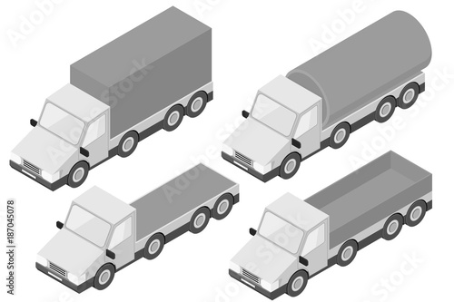Trucks. Collection of gray isometric vehicles