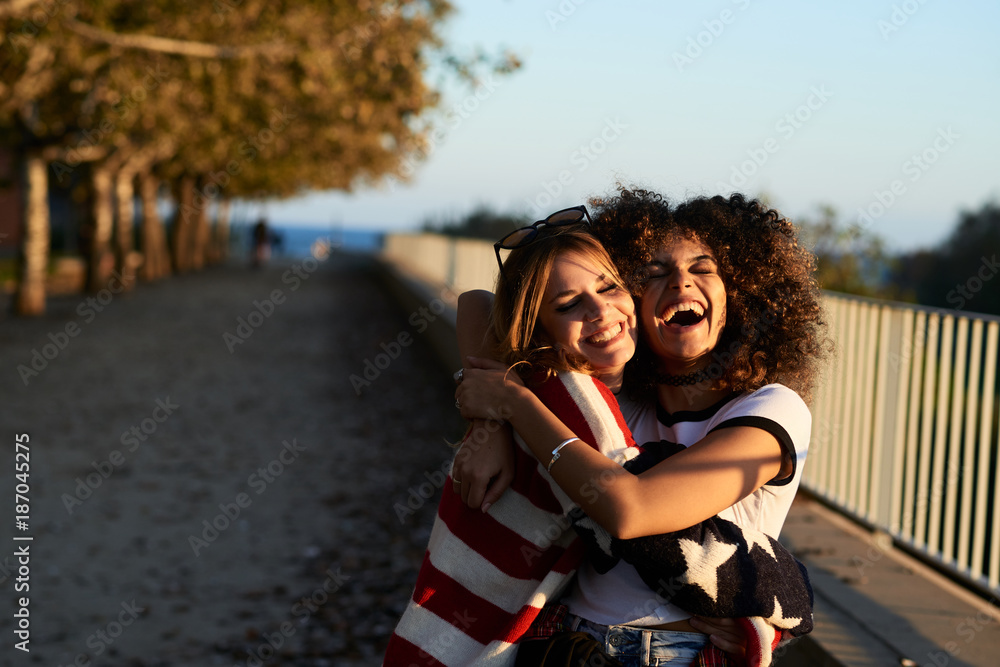 Smiling girlfriends hugging at sunset. Smiling girlfriends hugging at sunset.