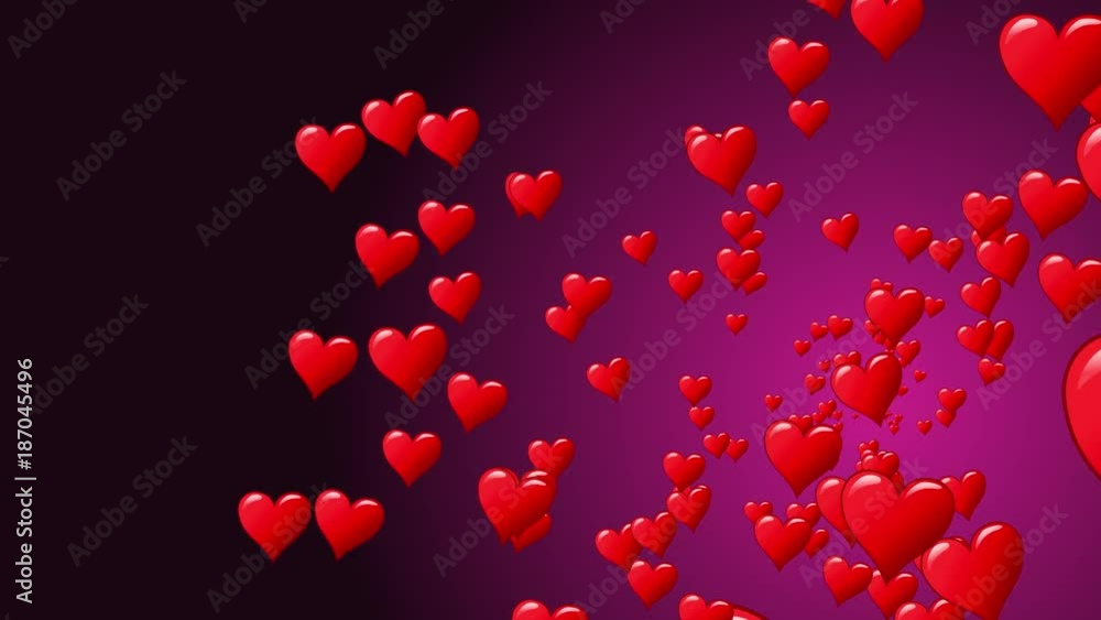 Seamless flow of red hearts. Animation of flight hearts at purple background. Seamless loop.