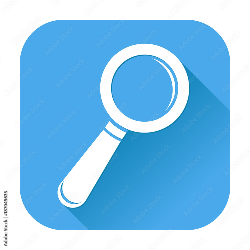 Search or Find icon. White silhouette on blue square background Search or Find icon. White silhouette on blue square background