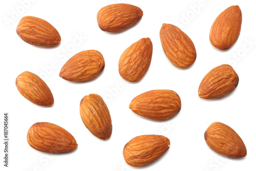 almonds isolated on white background top view