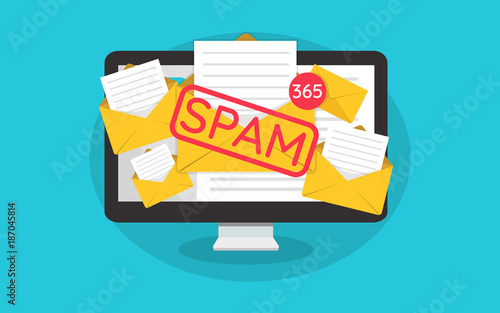 Spamming mailbox concept, a lot of emails on the screen of a monitor. Email box hacking, spam warning. Vector Illustration photo