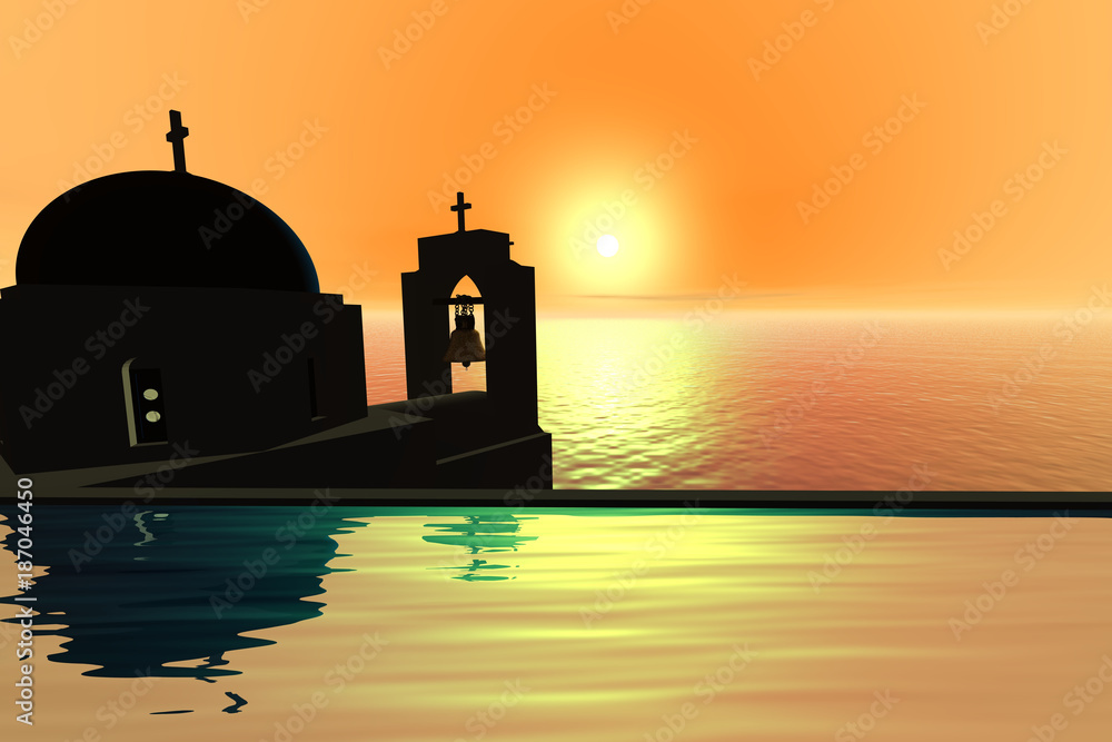 Sunset, a mediterranean landscape, a church with a bell tower above the sea.