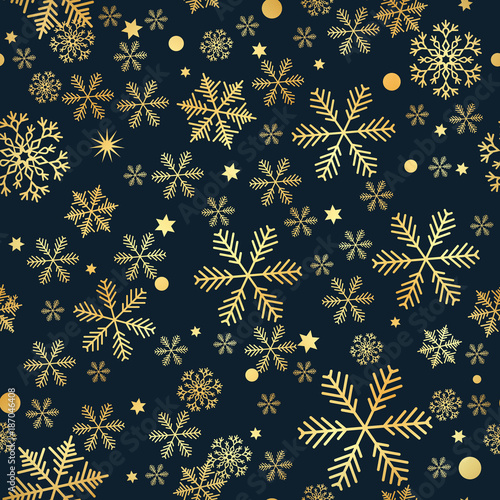 Christmas dark seamless pattern with gold vintage snowflakes and stars and balls (vector)