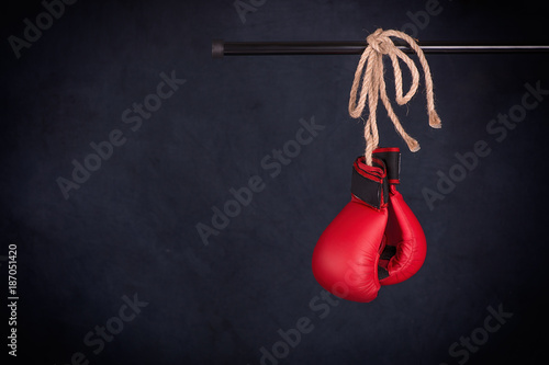 blue fighting gloves hang on a cordlike rope © rozaivn58