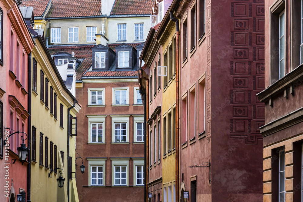 Colorful historic tenement houses at the old town of Warsaw, Poland