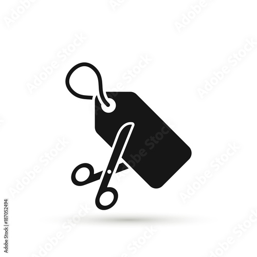 Scissors are cutting price tag as a discount symbol. Vector icon
