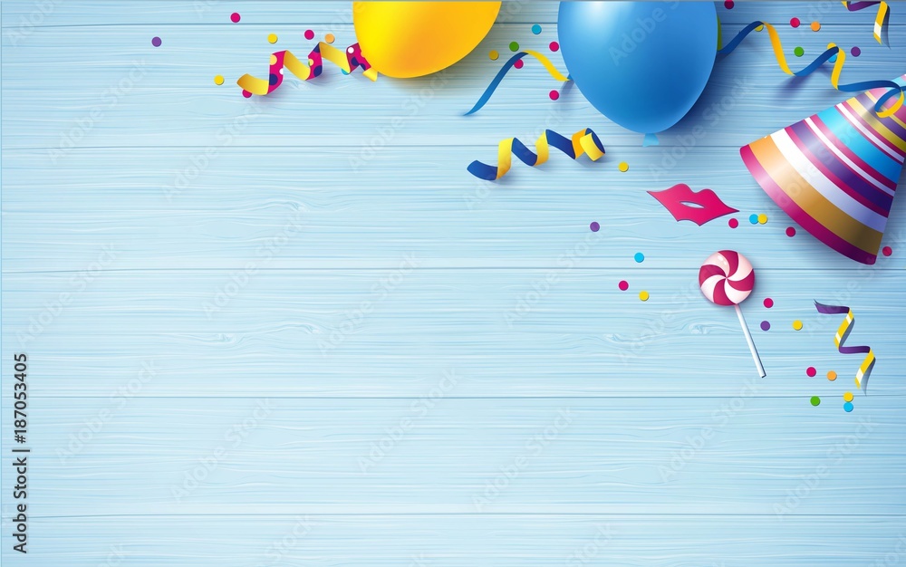 Carnival background flat lay. Balloons, streamers, candy, confetti on blue wooden background. Vector illustration - obrazy, fototapety, plakaty 