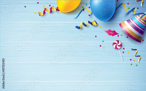 Carnival background flat lay. Balloons, streamers, candy, confetti on blue wooden background. Vector illustration