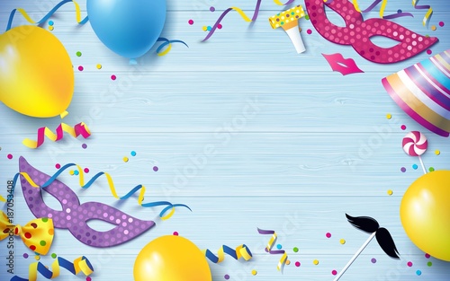 Carnival background flat lay. Carnival mask, streamers, confetti, balloons on blue wooden background. Vector illustration