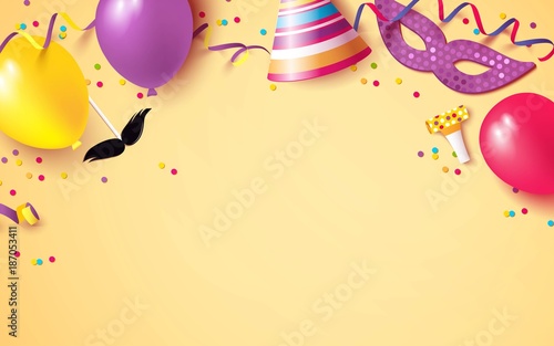 Carnival background flat lay. Carnival mask, streamers, confetti, balloons on beige background. Vector illustration