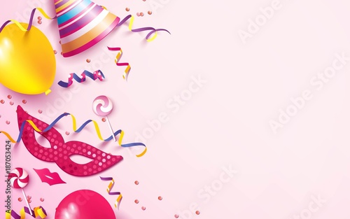 Carnival background flat lay. Carnival mask, balloons, confetti on pink background. Vector illustration