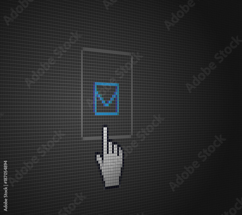 Closeup Hand Cursor Pointing Web Site Contact Menu Item Icon on Computer LCD Screen Pixel Background  - Vector Macro Image Digital Concept
