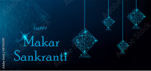 Makar Sankranti Greeting Card with blue polygonal kites
