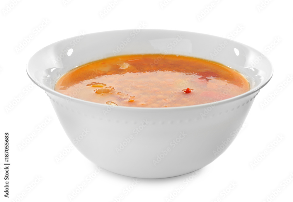 Bowl with tasty lentil soup on white background Bowl with tasty lentil soup on white background