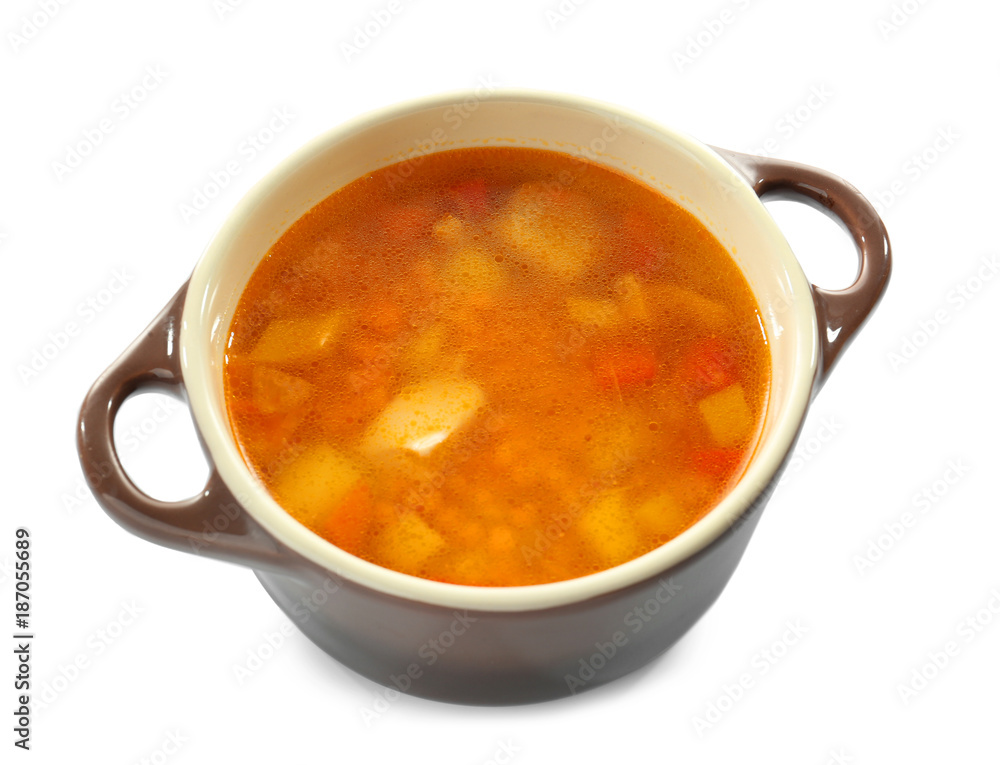 Casserole with tasty lentil soup on white background Casserole with tasty lentil soup on white background