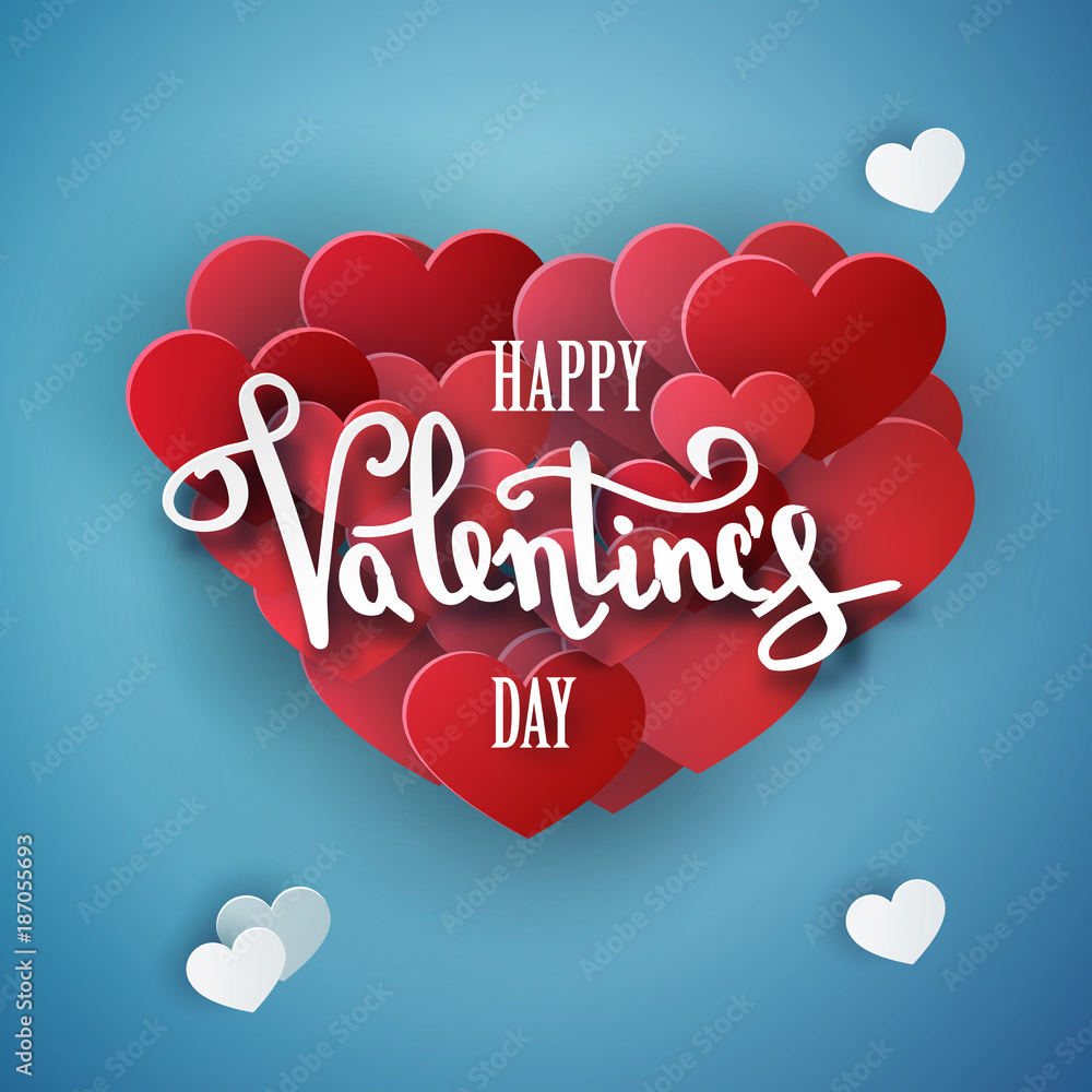 Happy Valentines day vector handwritten text greeting card card design with 3d realistic paper cut heart shape balloon and hearts decorations in red background. Vector illustration 10 eps