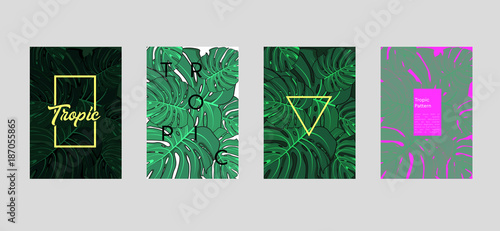 Tropic set of 4 templates. Summer vibes leaf background. Vector illustration.