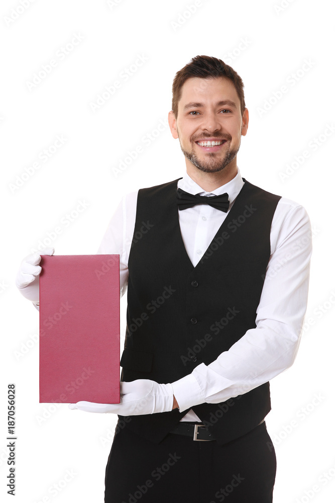 Handsome waiter with menu on white background Handsome waiter with menu on white background
