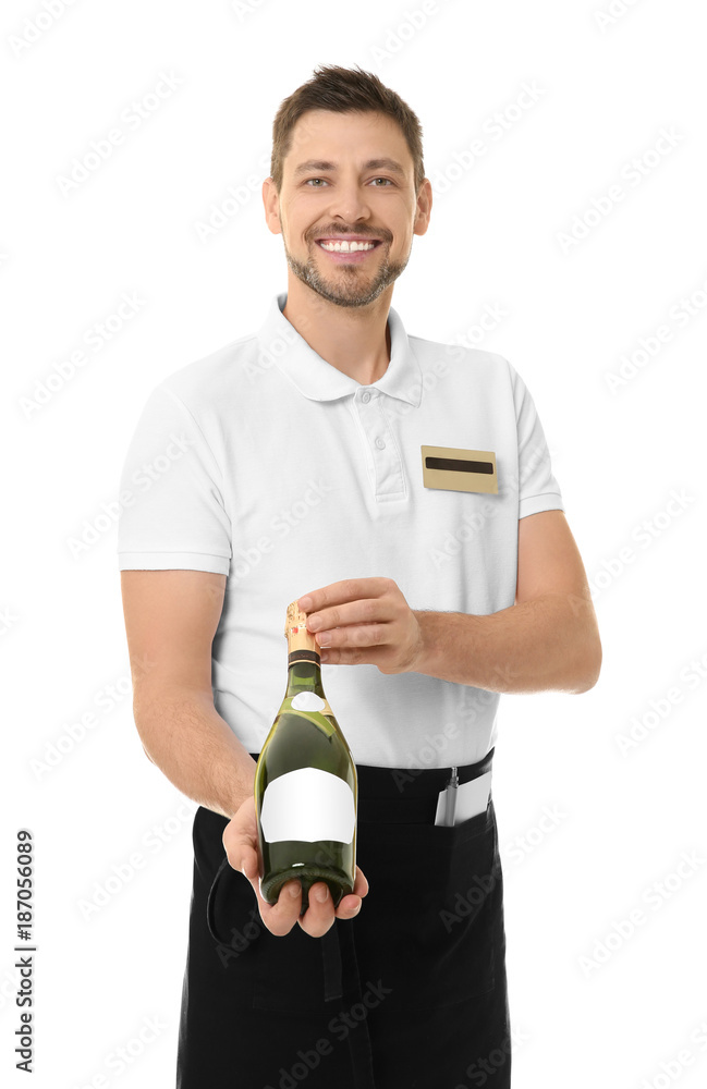 Handsome waiter with bottle of wine on white background Handsome waiter with bottle of wine on white background