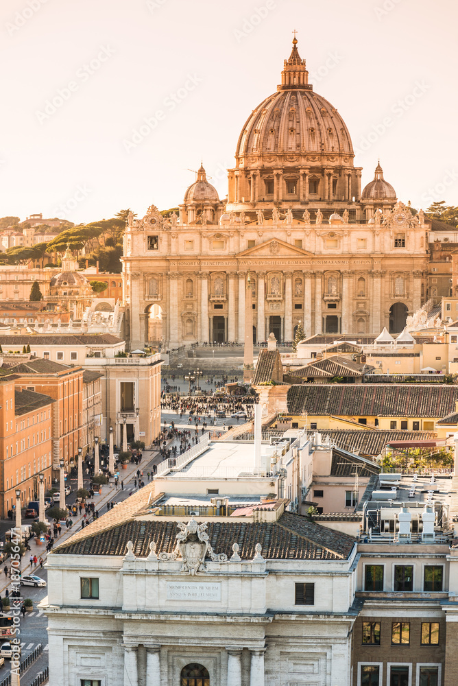 Panorama of Rome and Basilica of St. Peter at  sunset in Vatican, Italy.