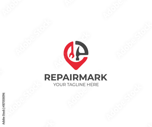 Repair and Construction Placemark Logo Template. Wrench and Hammer Vector Design. Work Tools and Pinpoint Illustration