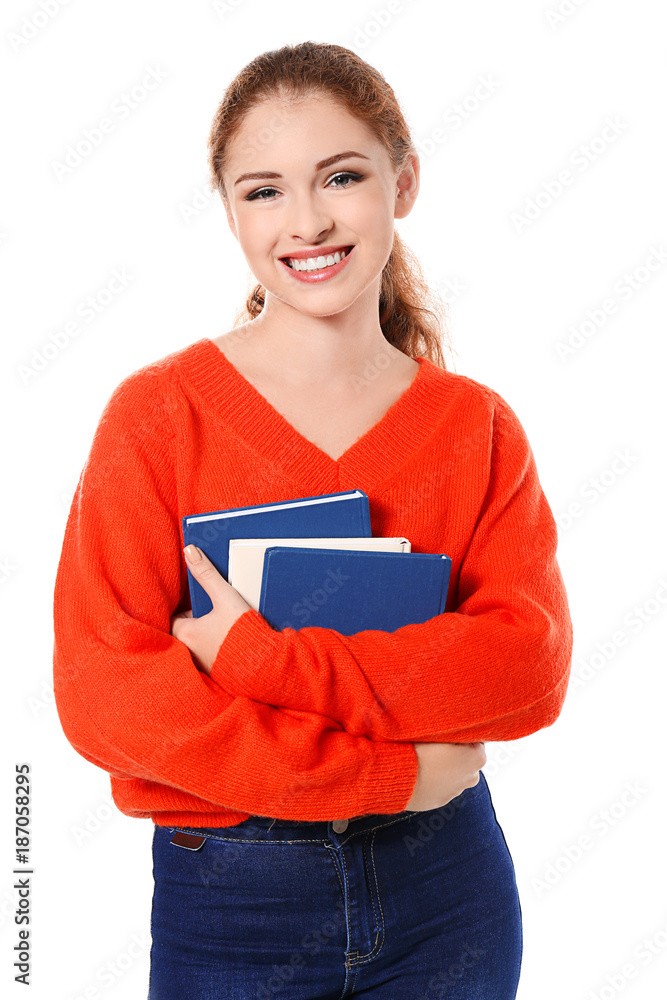 Teenage girl with books, isolated on white Teenage girl with books, isolated on white
