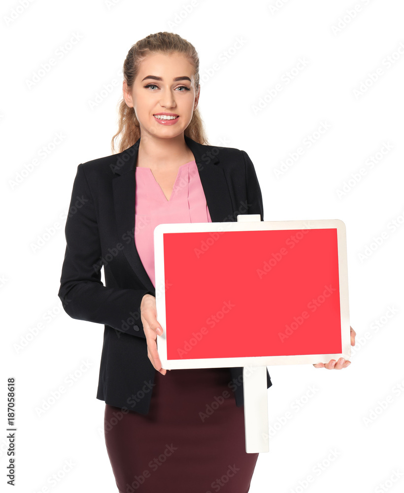 Beautiful real estate agent with blank board on white background Beautiful real estate agent with blank board on white background