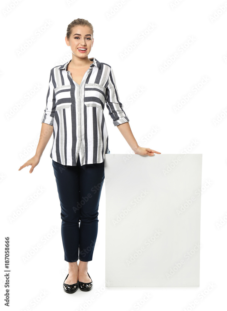 Fototapeta premium Young woman with blank advertising board on white background
