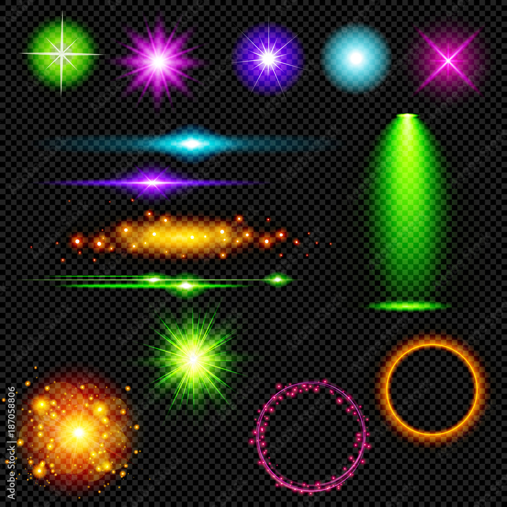 Set of Shining Flares with Sparks on Transparent Background  - Vector Bright Glowing Radiance
