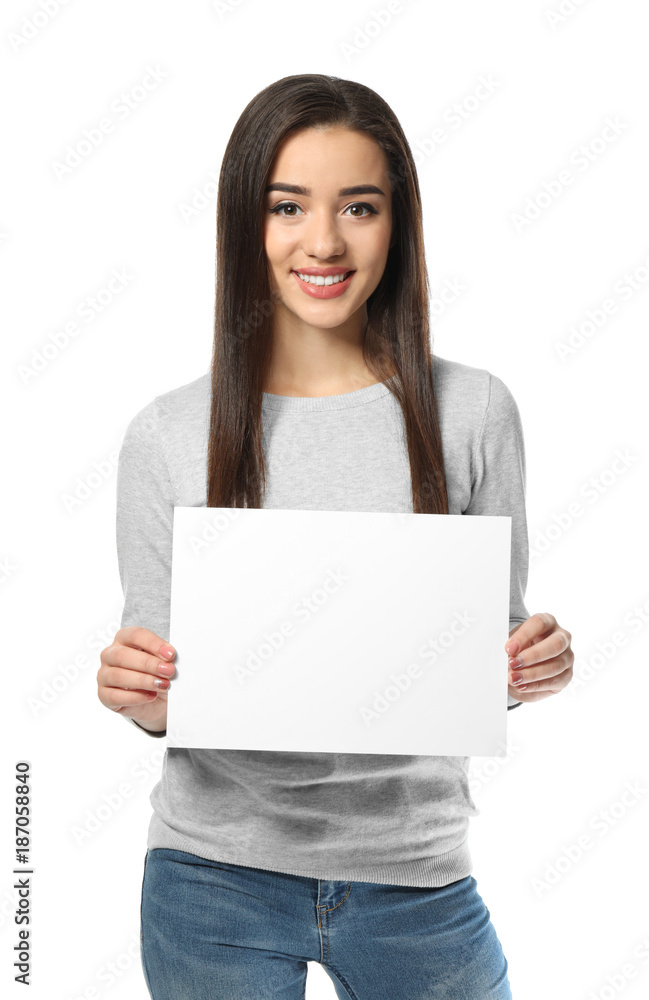 Young woman with blank sheet of paper for advertising on white background Young woman with blank sheet of paper for advertising on white background