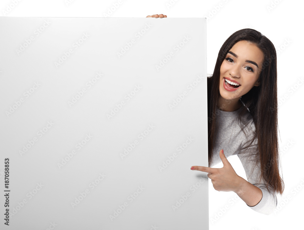 Young woman with blank advertising board on white background Young woman with blank advertising board on white background