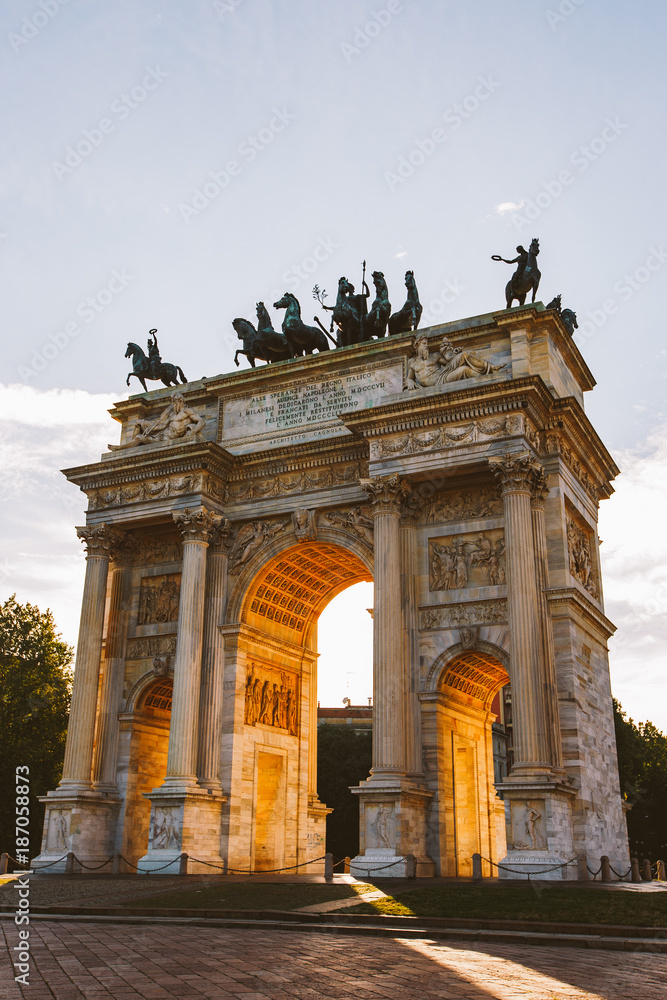 Arch of Peace in Sempione Park, Milan, Lombardy, Italy. Arco della Pace aka Porta Sempione in Milan, Italy
